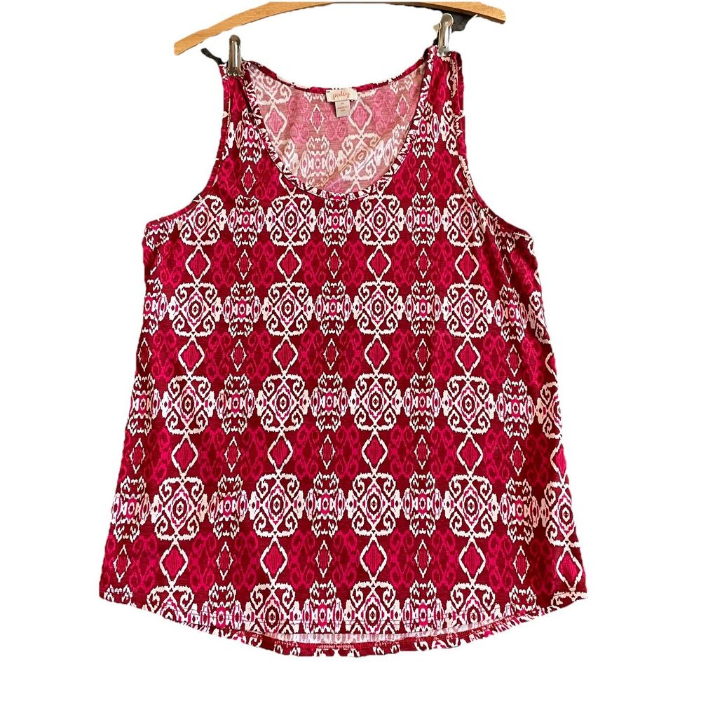 Pixley Tank Top Sz Medium Pink Red White Print Sleeveless Geometric Flowy USA